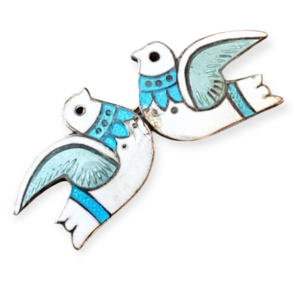 1950’s Margot De Taxco Twin Dove Brooch 925 Sterling Silver & Enamel, Rare Piece